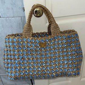 Prada Cielo Raffia Crochet Shopping Vacation Blue Tote Bag Rafia Resort